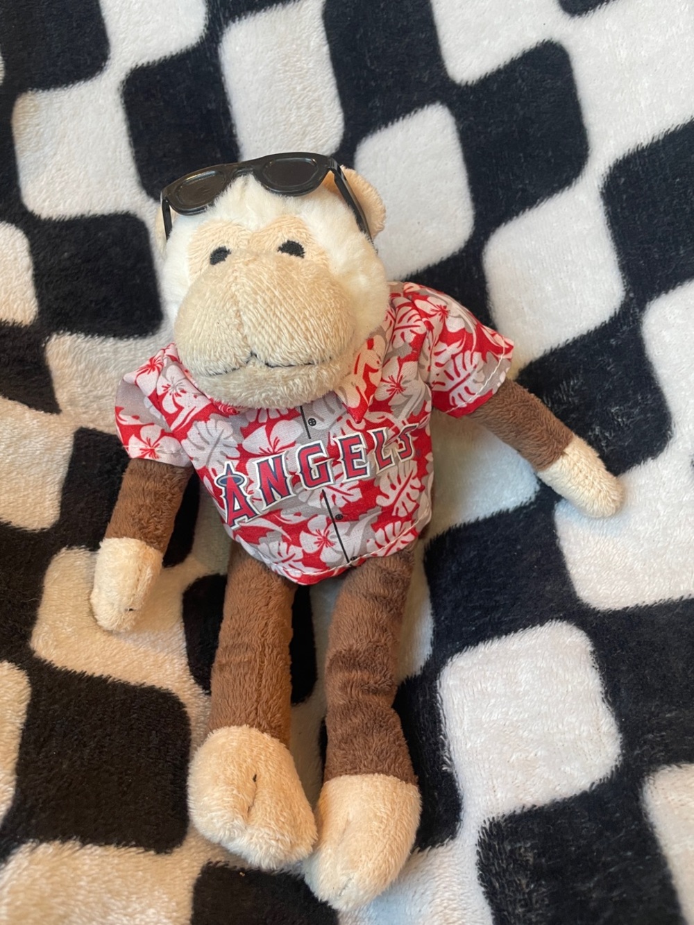 Plush Monkey Toy Wearing 'Angels' Red Hawaiian Shirt